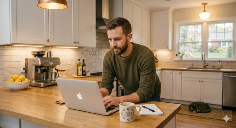 Man completing property listing on laptop