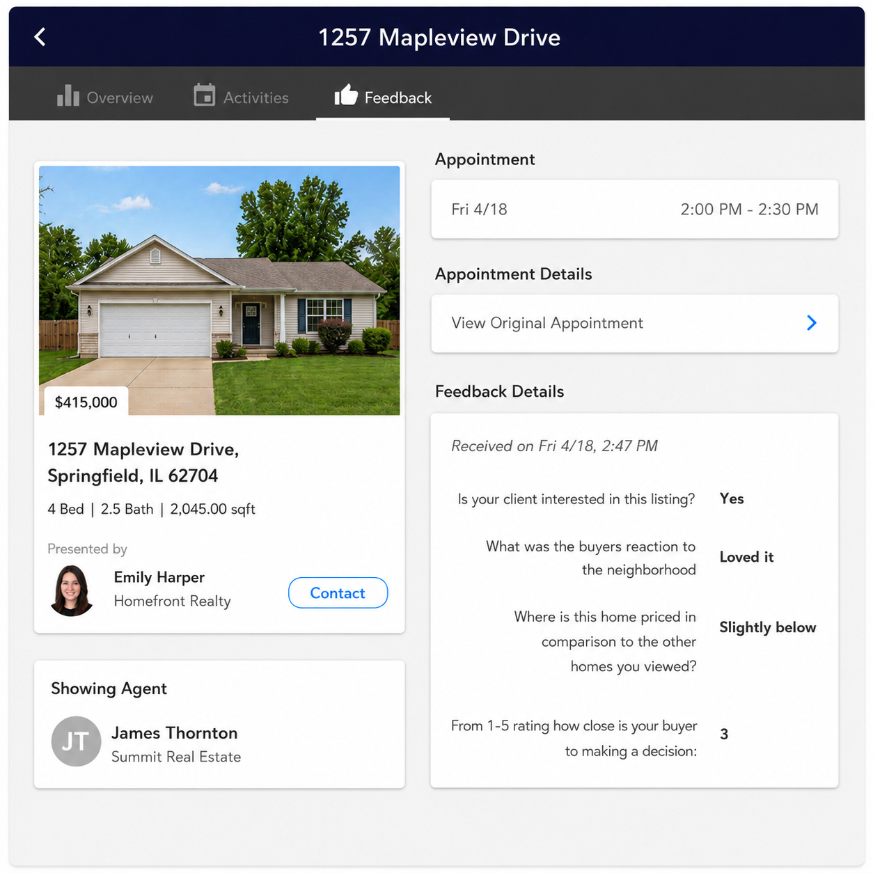 Feedback Details view showing appointment time, original appointment link, and a feedback panel with buyer responses on neighborhood, pricing, and decision likelihood.