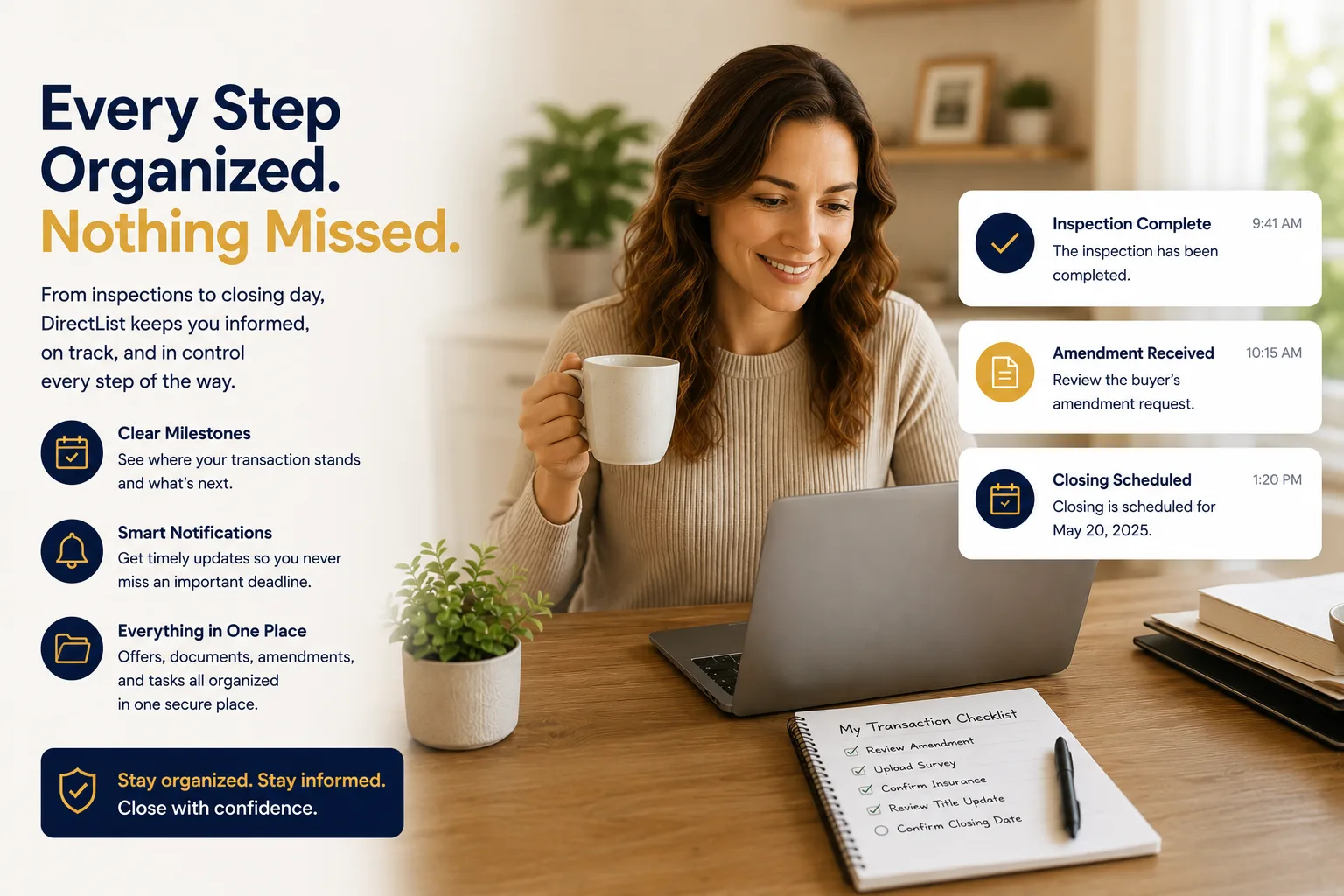 DirectList transaction dashboard showing milestones, smart notifications and everything organized in one place
